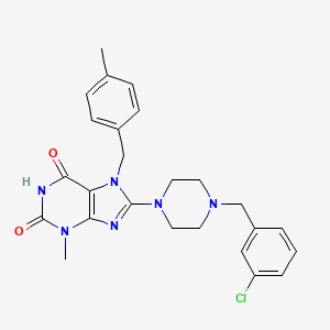 molecular formula C25H27ClN6O2 B2978820 8-{4-[(3-Chlorophenyl)methyl]piperazinyl}-3-methyl-7-[(4-methylphenyl)methyl]-1,3,7-trihydropurine-2,6-dione CAS No. 886908-60-7