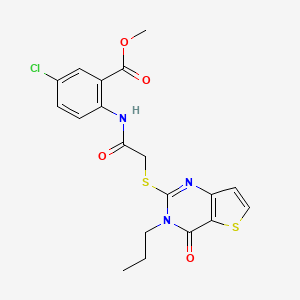 molecular formula C19H18ClN3O4S2 B2978821 methyl 5-chloro-2-[2-({4-oxo-3-propyl-3H,4H-thieno[3,2-d]pyrimidin-2-yl}sulfanyl)acetamido]benzoate CAS No. 1252915-26-6