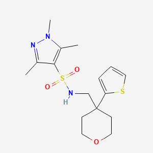 molecular formula C16H23N3O3S2 B2978878 1,3,5-三甲基-N-((4-(噻吩-2-基)四氢-2H-吡喃-4-基)甲基)-1H-吡唑-4-磺酰胺 CAS No. 1428359-92-5