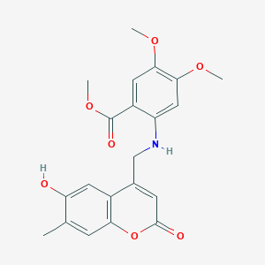 molecular formula C21H21NO7 B2978901 methyl 2-{[(6-hydroxy-7-methyl-2-oxo-2H-chromen-4-yl)methyl]amino}-4,5-dimethoxybenzoate CAS No. 859861-39-5