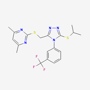molecular formula C19H20F3N5S2 B2978925 4,6-二甲基-2-[[5-丙-2-基硫烷基-4-[3-(三氟甲基)苯基]-1,2,4-三唑-3-基]甲硫烷基]嘧啶 CAS No. 868222-66-6