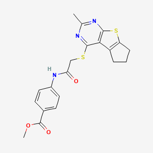 molecular formula C20H19N3O3S2 B2978964 4-[2-({10-甲基-7-噻-9,11-二氮三环[6.4.0.0^{2,6}]十二-1(8),2(6),9,11-四烯-12-基}硫烷基)乙酰氨基]苯甲酸甲酯 CAS No. 315696-37-8
