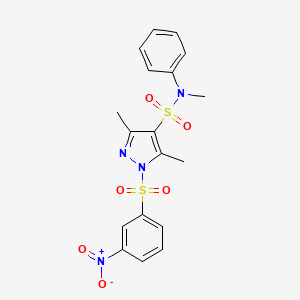 molecular formula C18H18N4O6S2 B2979012 N,3,5-trimethyl-1-(3-nitrobenzenesulfonyl)-N-phenyl-1H-pyrazole-4-sulfonamide CAS No. 956271-24-2