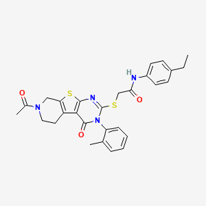 molecular formula C28H28N4O3S2 B2979023 2-((7-acetyl-4-oxo-3-(o-tolyl)-3,4,5,6,7,8-hexahydropyrido[4',3':4,5]thieno[2,3-d]pyrimidin-2-yl)thio)-N-(4-ethylphenyl)acetamide CAS No. 1189883-35-9
