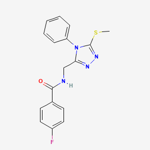 molecular formula C17H15FN4OS B2979036 4-fluoro-N-{[5-(methylsulfanyl)-4-phenyl-4H-1,2,4-triazol-3-yl]methyl}benzenecarboxamide CAS No. 338962-49-5