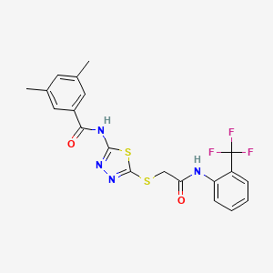 molecular formula C20H17F3N4O2S2 B2979047 3,5-dimethyl-N-[5-[2-oxo-2-[2-(trifluoromethyl)anilino]ethyl]sulfanyl-1,3,4-thiadiazol-2-yl]benzamide CAS No. 392297-16-4