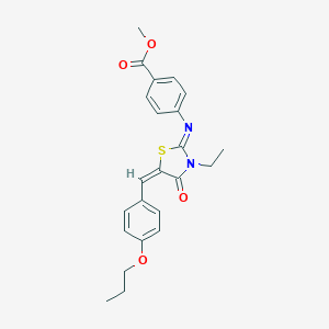 molecular formula C23H24N2O4S B297905 methyl 4-{[(2E,5E)-3-ethyl-4-oxo-5-(4-propoxybenzylidene)-1,3-thiazolidin-2-ylidene]amino}benzoate 
