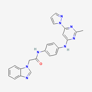 molecular formula C23H20N8O B2979051 2-(1H-苯并[d]咪唑-1-基)-N-(4-((2-甲基-6-(1H-吡唑-1-基)嘧啶-4-基)氨基)苯基)乙酰胺 CAS No. 1251560-13-0