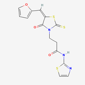 molecular formula C14H11N3O3S3 B2979053 (E)-3-(5-(呋喃-2-基亚甲基)-4-氧代-2-硫代噻唑烷-3-基)-N-(噻唑-2-基)丙酰胺 CAS No. 682783-92-2