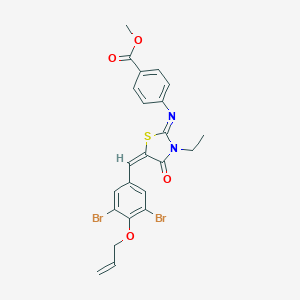 molecular formula C23H20Br2N2O4S B297906 Methyl 4-({5-[4-(allyloxy)-3,5-dibromobenzylidene]-3-ethyl-4-oxo-1,3-thiazolidin-2-ylidene}amino)benzoate 
