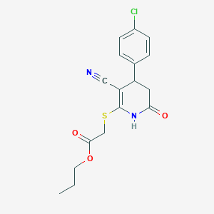 molecular formula C17H17ClN2O3S B2979063 丙基{[4-(4-氯苯基)-3-氰基-6-氧代-1,4,5,6-四氢吡啶-2-基]硫代}乙酸酯 CAS No. 375840-08-7