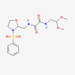 molecular formula C16H23N3O7S B2979066 N1-(2,2-二甲氧基乙基)-N2-((3-(苯磺酰基)恶唑烷-2-基)甲基)草酰胺 CAS No. 868981-67-3
