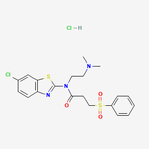 molecular formula C20H23Cl2N3O3S2 B2979068 盐酸 N-(6-氯苯并[d]噻唑-2-基)-N-(2-(二甲氨基)乙基)-3-(苯磺酰基)丙酰胺 CAS No. 1215627-79-4