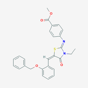 molecular formula C27H24N2O4S B297909 Methyl 4-({5-[2-(benzyloxy)benzylidene]-3-ethyl-4-oxo-1,3-thiazolidin-2-ylidene}amino)benzoate 