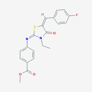 molecular formula C20H17FN2O3S B297910 Methyl 4-{[3-ethyl-5-(4-fluorobenzylidene)-4-oxo-1,3-thiazolidin-2-ylidene]amino}benzoate 