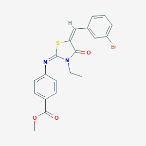molecular formula C20H17BrN2O3S B297911 Methyl 4-{[5-(3-bromobenzylidene)-3-ethyl-4-oxo-1,3-thiazolidin-2-ylidene]amino}benzoate 