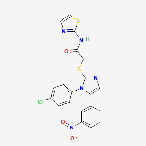 molecular formula C20H14ClN5O3S2 B2979154 2-((1-(4-chlorophenyl)-5-(3-nitrophenyl)-1H-imidazol-2-yl)thio)-N-(thiazol-2-yl)acetamide CAS No. 1226444-54-7