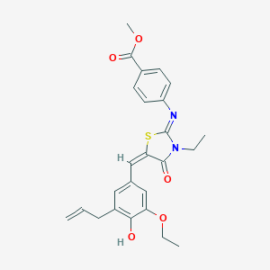 molecular formula C25H26N2O5S B297916 Methyl 4-{[5-(3-allyl-5-ethoxy-4-hydroxybenzylidene)-3-ethyl-4-oxo-1,3-thiazolidin-2-ylidene]amino}benzoate 