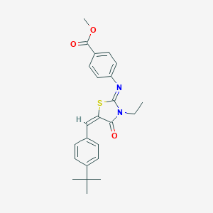 molecular formula C24H26N2O3S B297917 methyl 4-{[(2E,5E)-5-(4-tert-butylbenzylidene)-3-ethyl-4-oxo-1,3-thiazolidin-2-ylidene]amino}benzoate 