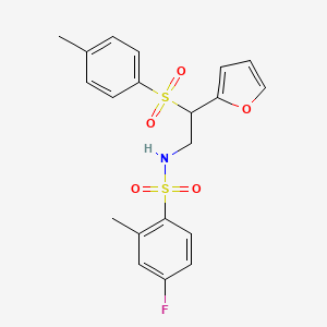 molecular formula C20H20FNO5S2 B2979172 4-fluoro-N-(2-(furan-2-yl)-2-tosylethyl)-2-methylbenzenesulfonamide CAS No. 898431-97-5