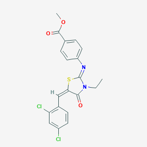 molecular formula C20H16Cl2N2O3S B297919 methyl 4-{[(2E,5E)-5-(2,4-dichlorobenzylidene)-3-ethyl-4-oxo-1,3-thiazolidin-2-ylidene]amino}benzoate 