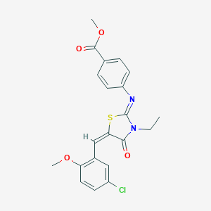 molecular formula C21H19ClN2O4S B297922 methyl 4-{[(2E,5E)-5-(5-chloro-2-methoxybenzylidene)-3-ethyl-4-oxo-1,3-thiazolidin-2-ylidene]amino}benzoate 