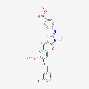 molecular formula C29H27FN2O5S B297923 methyl 4-{[(2E,5E)-5-{3-ethoxy-4-[(3-fluorobenzyl)oxy]benzylidene}-3-ethyl-4-oxo-1,3-thiazolidin-2-ylidene]amino}benzoate 