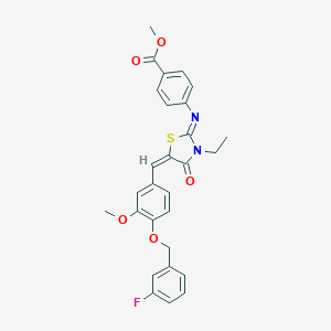 molecular formula C28H25FN2O5S B297924 methyl 4-{[(2E,5E)-3-ethyl-5-{4-[(3-fluorobenzyl)oxy]-3-methoxybenzylidene}-4-oxo-1,3-thiazolidin-2-ylidene]amino}benzoate 