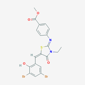 molecular formula C20H16Br2N2O4S B297926 methyl 4-{[(2E,5E)-5-(3,5-dibromo-2-hydroxybenzylidene)-3-ethyl-4-oxo-1,3-thiazolidin-2-ylidene]amino}benzoate 