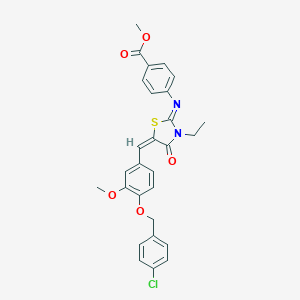 molecular formula C28H25ClN2O5S B297928 methyl 4-{[(2E,5E)-5-{4-[(4-chlorobenzyl)oxy]-3-methoxybenzylidene}-3-ethyl-4-oxo-1,3-thiazolidin-2-ylidene]amino}benzoate 