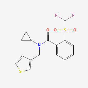 molecular formula C16H15F2NO3S2 B2979293 N-环丙基-2-((二氟甲基)磺酰基)-N-(噻吩-3-基甲基)苯甲酰胺 CAS No. 1797646-93-5