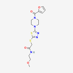 molecular formula C16H21N5O4S2 B2979309 2-((5-(4-(furan-2-carbonyl)piperazin-1-yl)-1,3,4-thiadiazol-2-yl)thio)-N-(2-methoxyethyl)acetamide CAS No. 1105201-36-2