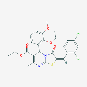 molecular formula C26H24Cl2N2O5S B297932 ethyl 2-(2,4-dichlorobenzylidene)-5-(2-ethoxy-3-methoxyphenyl)-7-methyl-3-oxo-2,3-dihydro-5H-[1,3]thiazolo[3,2-a]pyrimidine-6-carboxylate 