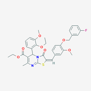 molecular formula C34H33FN2O7S B297934 ethyl 5-(2-ethoxy-3-methoxyphenyl)-2-{4-[(3-fluorobenzyl)oxy]-3-methoxybenzylidene}-7-methyl-3-oxo-2,3-dihydro-5H-[1,3]thiazolo[3,2-a]pyrimidine-6-carboxylate 