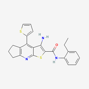 molecular formula C23H21N3OS2 B2979345 3-amino-N-(2-ethylphenyl)-4-(thiophen-2-yl)-6,7-dihydro-5H-cyclopenta[b]thieno[3,2-e]pyridine-2-carboxamide CAS No. 434292-19-0