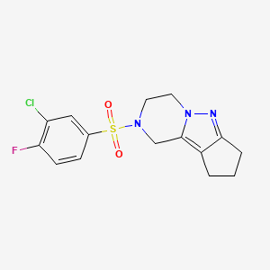 molecular formula C15H15ClFN3O2S B2979370 2-((3-chloro-4-fluorophenyl)sulfonyl)-2,3,4,7,8,9-hexahydro-1H-cyclopenta[3,4]pyrazolo[1,5-a]pyrazine CAS No. 2034414-12-3