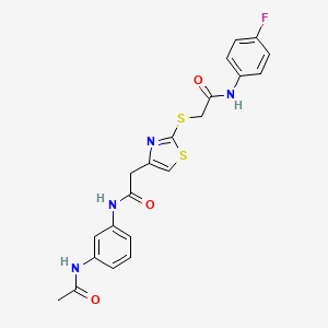 molecular formula C21H19FN4O3S2 B2979383 N-(3-acetamidophenyl)-2-(2-((2-((4-fluorophenyl)amino)-2-oxoethyl)thio)thiazol-4-yl)acetamide CAS No. 941921-85-3