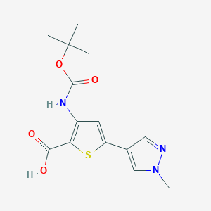 molecular formula C14H17N3O4S B2979425 3-[(2-Methylpropan-2-yl)oxycarbonylamino]-5-(1-methylpyrazol-4-yl)thiophene-2-carboxylic acid CAS No. 2287270-54-4