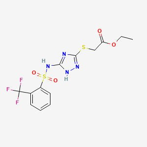 molecular formula C13H13F3N4O4S2 B2979473 2-{[3-({[2-(三氟甲基)苯基]磺酰基}氨基)-1H-1,2,4-三唑-5-基]硫代}乙酸乙酯 CAS No. 866010-91-5