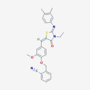 molecular formula C29H27N3O3S B297955 2-({4-[(E)-{(2E)-2-[(3,4-dimethylphenyl)imino]-3-ethyl-4-oxo-1,3-thiazolidin-5-ylidene}methyl]-2-methoxyphenoxy}methyl)benzonitrile 