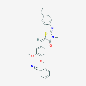 molecular formula C28H25N3O3S B297956 2-({4-[(E)-{(2E)-2-[(4-ethylphenyl)imino]-3-methyl-4-oxo-1,3-thiazolidin-5-ylidene}methyl]-2-methoxyphenoxy}methyl)benzonitrile 