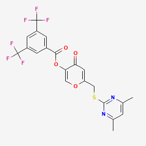 molecular formula C21H14F6N2O4S B2979571 6-(((4,6-dimethylpyrimidin-2-yl)thio)methyl)-4-oxo-4H-pyran-3-yl 3,5-bis(trifluoromethyl)benzoate CAS No. 877636-71-0