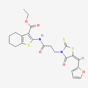 molecular formula C22H22N2O5S3 B2979609 (E)-ethyl 2-(3-(5-(furan-2-ylmethylene)-4-oxo-2-thioxothiazolidin-3-yl)propanamido)-4,5,6,7-tetrahydrobenzo[b]thiophene-3-carboxylate CAS No. 637317-82-9