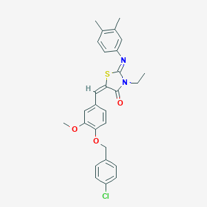 molecular formula C28H27ClN2O3S B297961 5-{4-[(4-Chlorobenzyl)oxy]-3-methoxybenzylidene}-2-[(3,4-dimethylphenyl)imino]-3-ethyl-1,3-thiazolidin-4-one 
