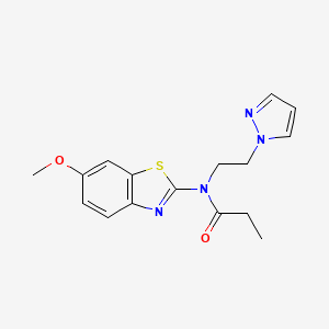 molecular formula C16H18N4O2S B2979629 N-(2-(1H-吡唑-1-基)乙基)-N-(6-甲氧基苯并[d]噻唑-2-基)丙酰胺 CAS No. 1171972-15-8