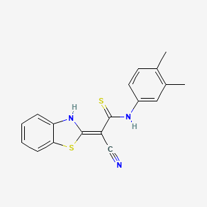 molecular formula C18H15N3S2 B2979695 2-(1,3-Benzothiazol-2-yl)-3-[(3,4-dimethylphenyl)amino]-3-sulfanylprop-2-enenitrile CAS No. 379255-67-1