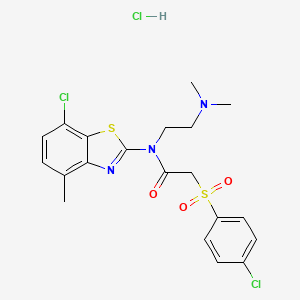 molecular formula C20H22Cl3N3O3S2 B2979739 N-(7-氯-4-甲基苯并[d]噻唑-2-基)-2-((4-氯苯基)磺酰基)-N-(2-(二甲氨基)乙基)乙酰胺盐酸盐 CAS No. 1216760-37-0