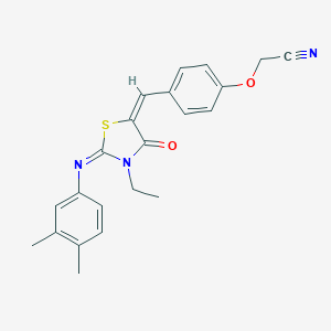 molecular formula C22H21N3O2S B297975 [4-({2-[(3,4-Dimethylphenyl)imino]-3-ethyl-4-oxo-1,3-thiazolidin-5-ylidene}methyl)phenoxy]acetonitrile 