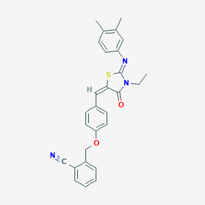 molecular formula C28H25N3O2S B297977 2-{[4-({2-[(3,4-Dimethylphenyl)imino]-3-ethyl-4-oxo-1,3-thiazolidin-5-ylidene}methyl)phenoxy]methyl}benzonitrile 