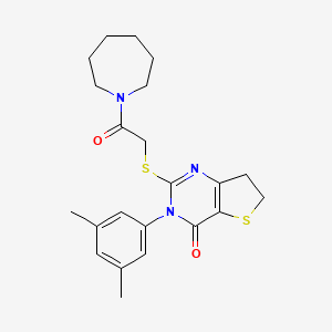 molecular formula C22H27N3O2S2 B2979841 2-((2-(azepan-1-yl)-2-oxoethyl)thio)-3-(3,5-dimethylphenyl)-6,7-dihydrothieno[3,2-d]pyrimidin-4(3H)-one CAS No. 877653-24-2